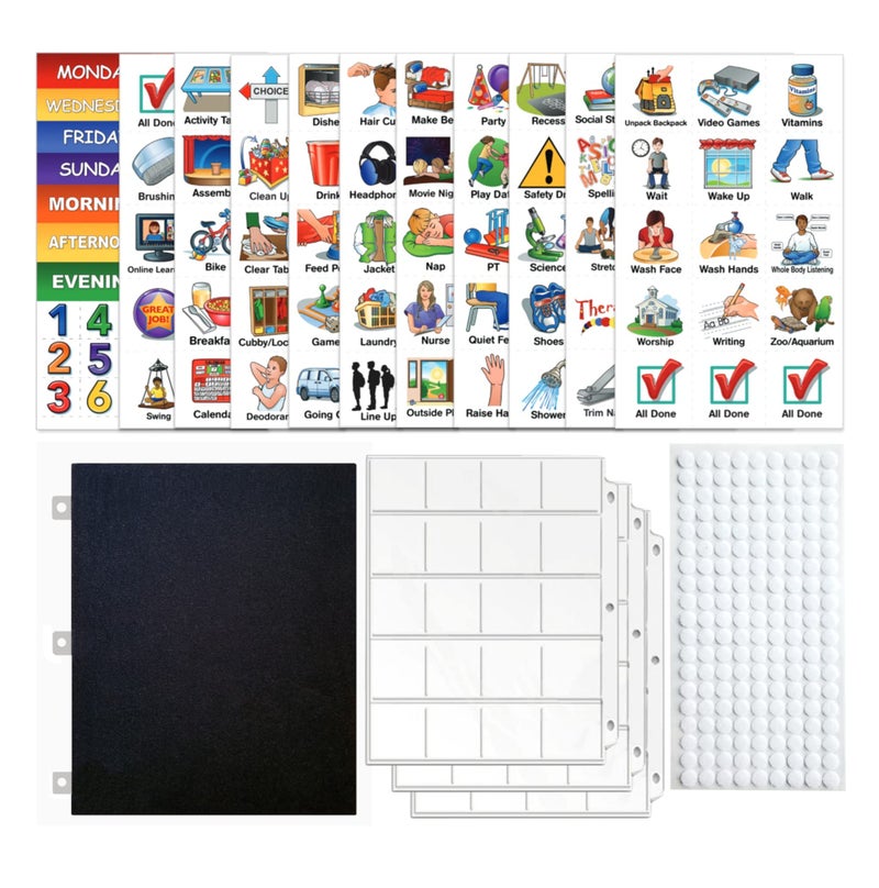 SchKIDules V-KIt - Portable, Binder-Ready Visual Schedule for Kids w/8.5x11" Backboard & 150 laminated Icons plus 21 Headings - Image 1